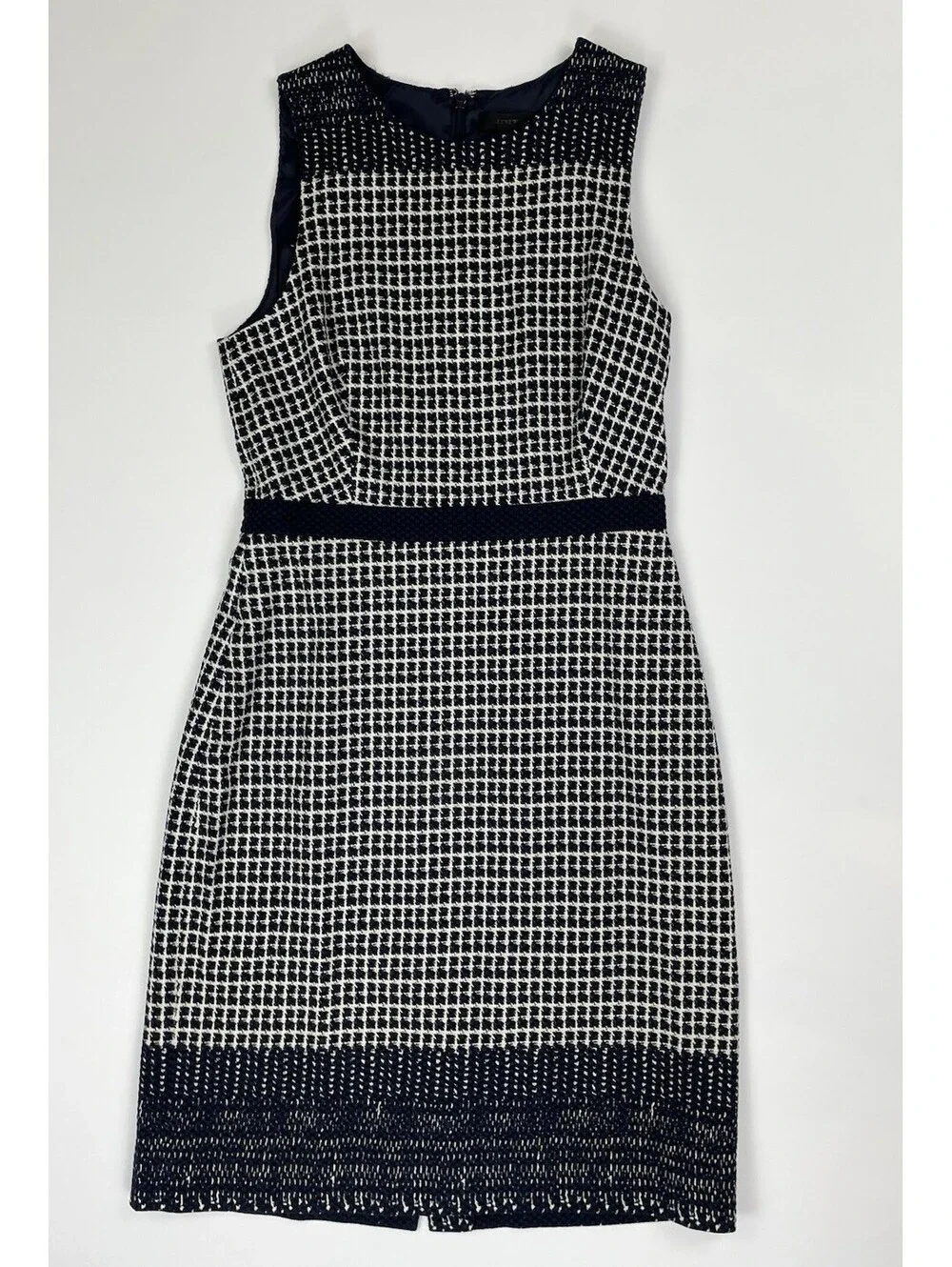 J. Crew Sleeveless Checkered Tweed Sheath Midi Dress Navy White Size  4